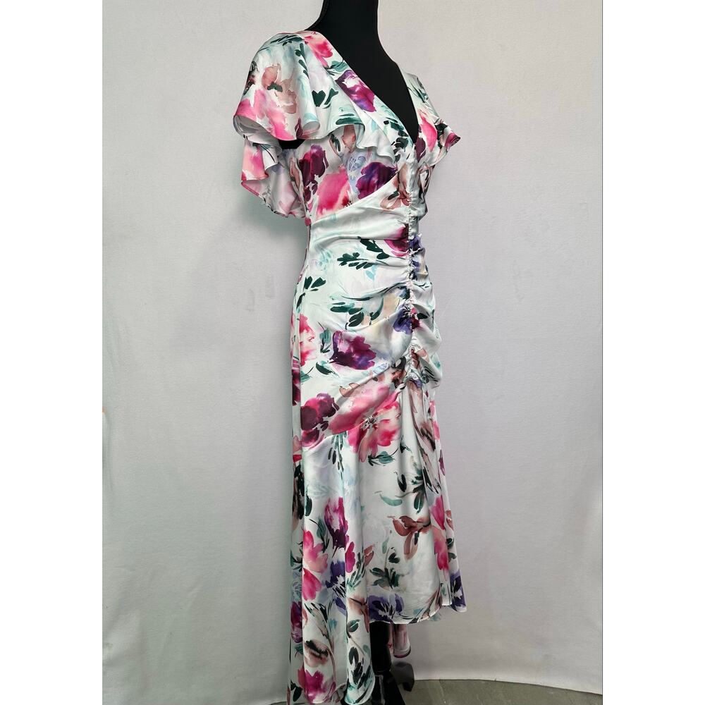 Parker Black Charlotte Watercolor Floral Satin High Low Midi Dress Size 4 - Picture 4 of 14
